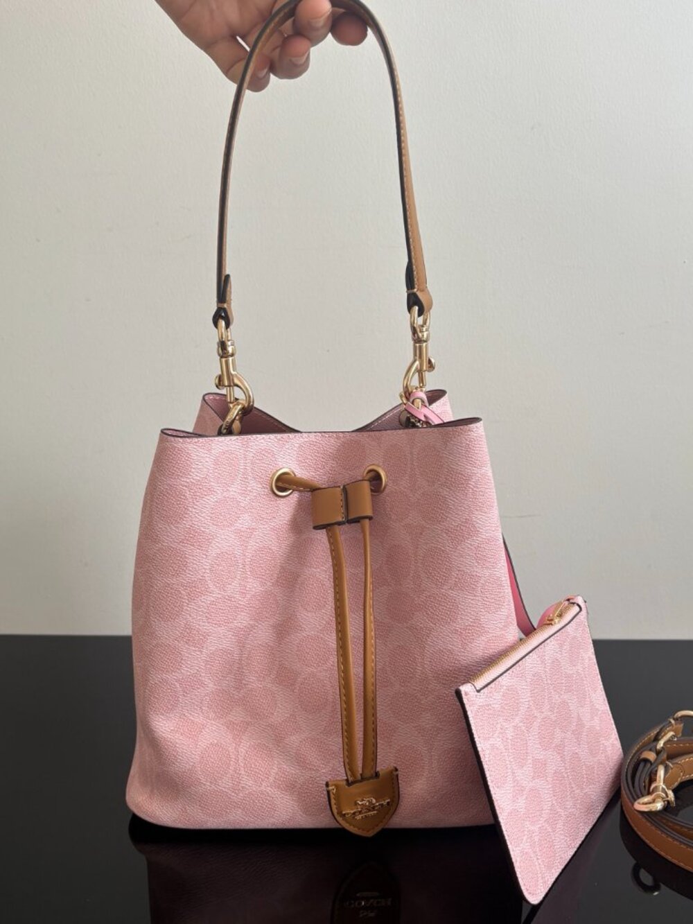 Coach Pink Monogram Drawstring Bucket Bag - Picture 2 of 9